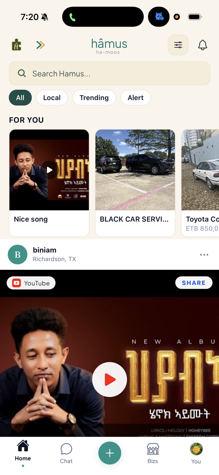 Hamus home feed showing a For You marketplace of local listings, a car service, and a community music post